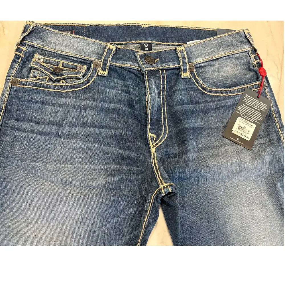 NWT True Religion Ricky straight leg jeans w/ Union Jack Embroidery  Size 38